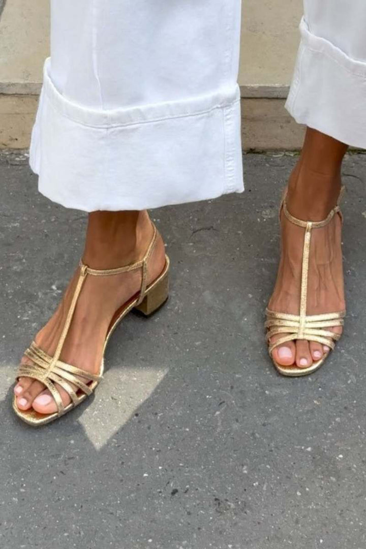 Solveig | Golden Strappy Block Heel