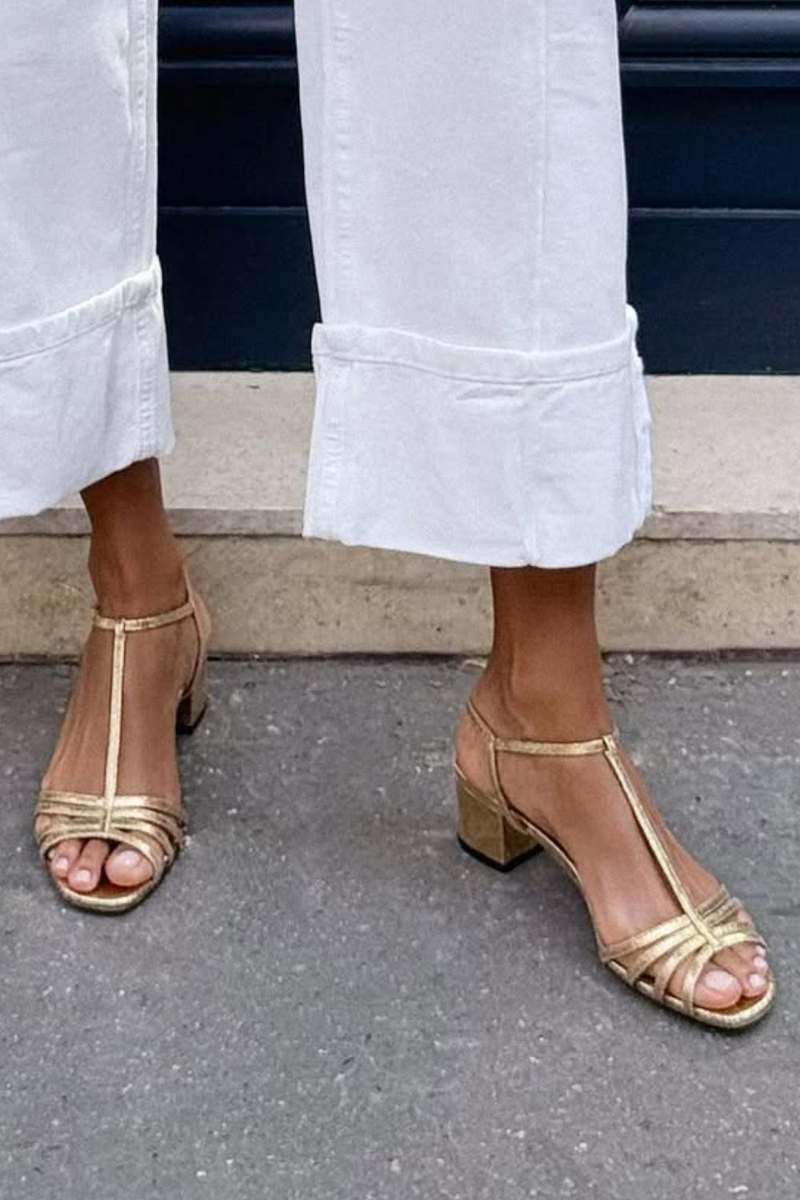 Solveig | Golden Strappy Block Heel