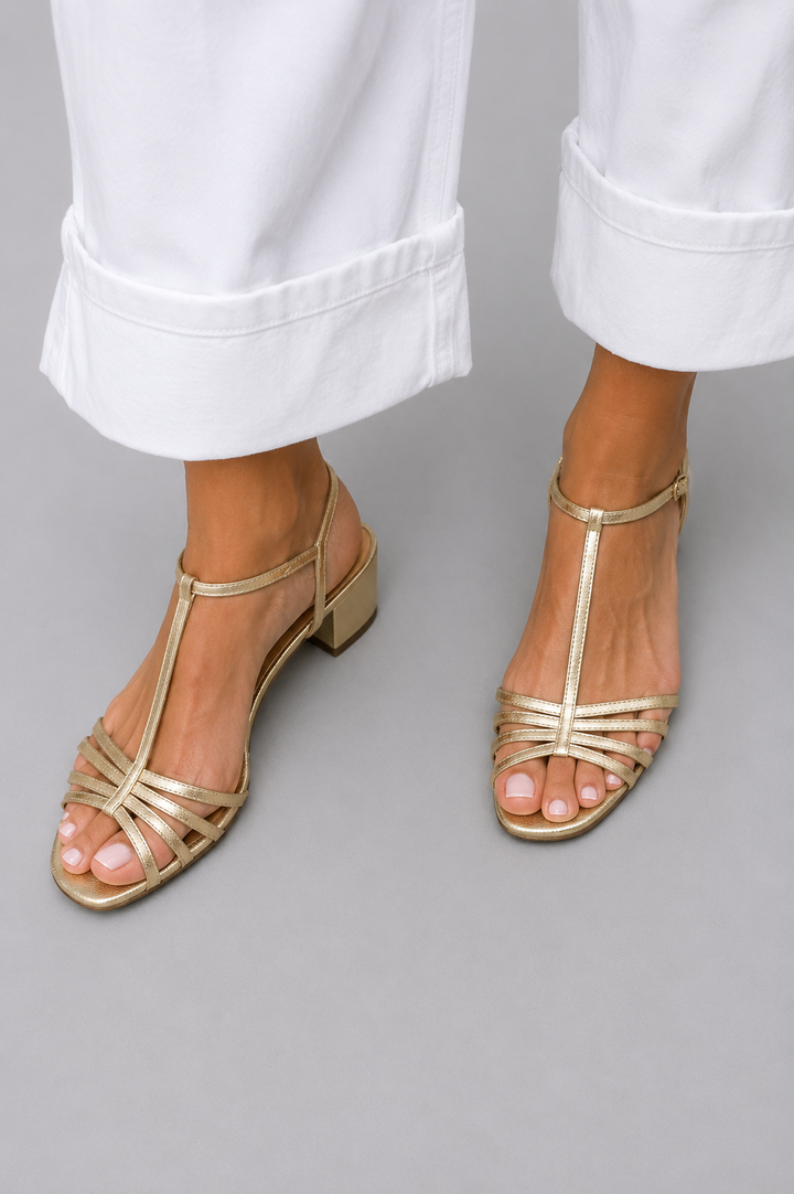 Solveig | Golden Strappy Block Heel
