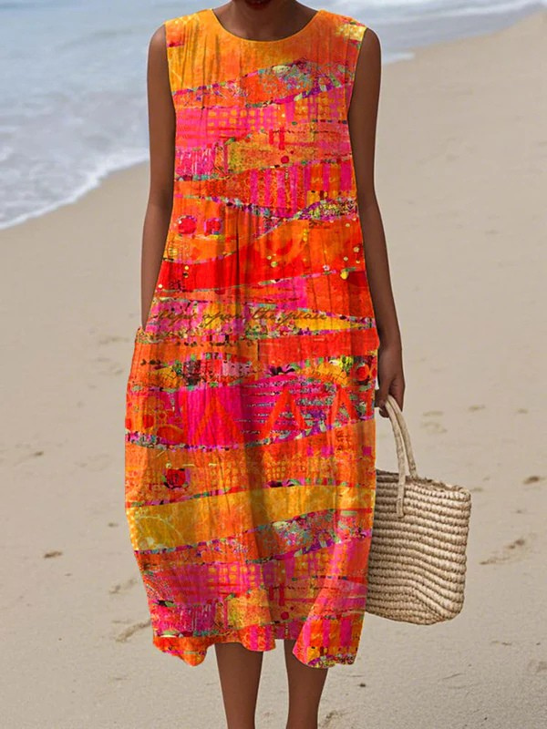 Arabella | Sunset Print Midi Dress in Cotton Blend