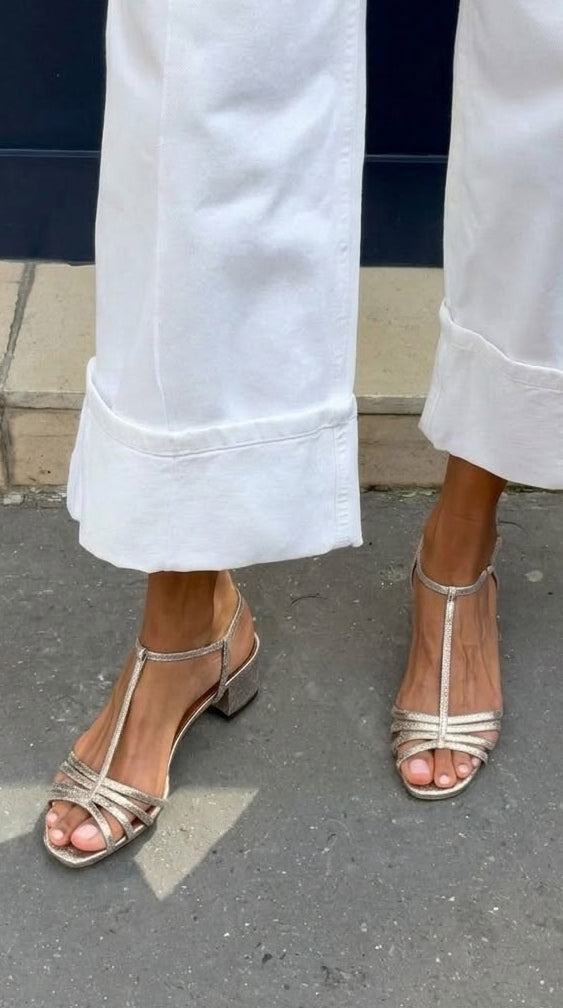 Solveig | Golden Strappy Block Heel
