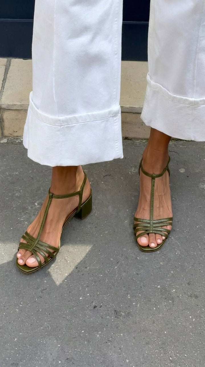 Solveig | Golden Strappy Block Heel